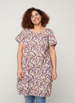 Short-sleeved, printed cotton dress, Powder Pink AOP, Model image number 0