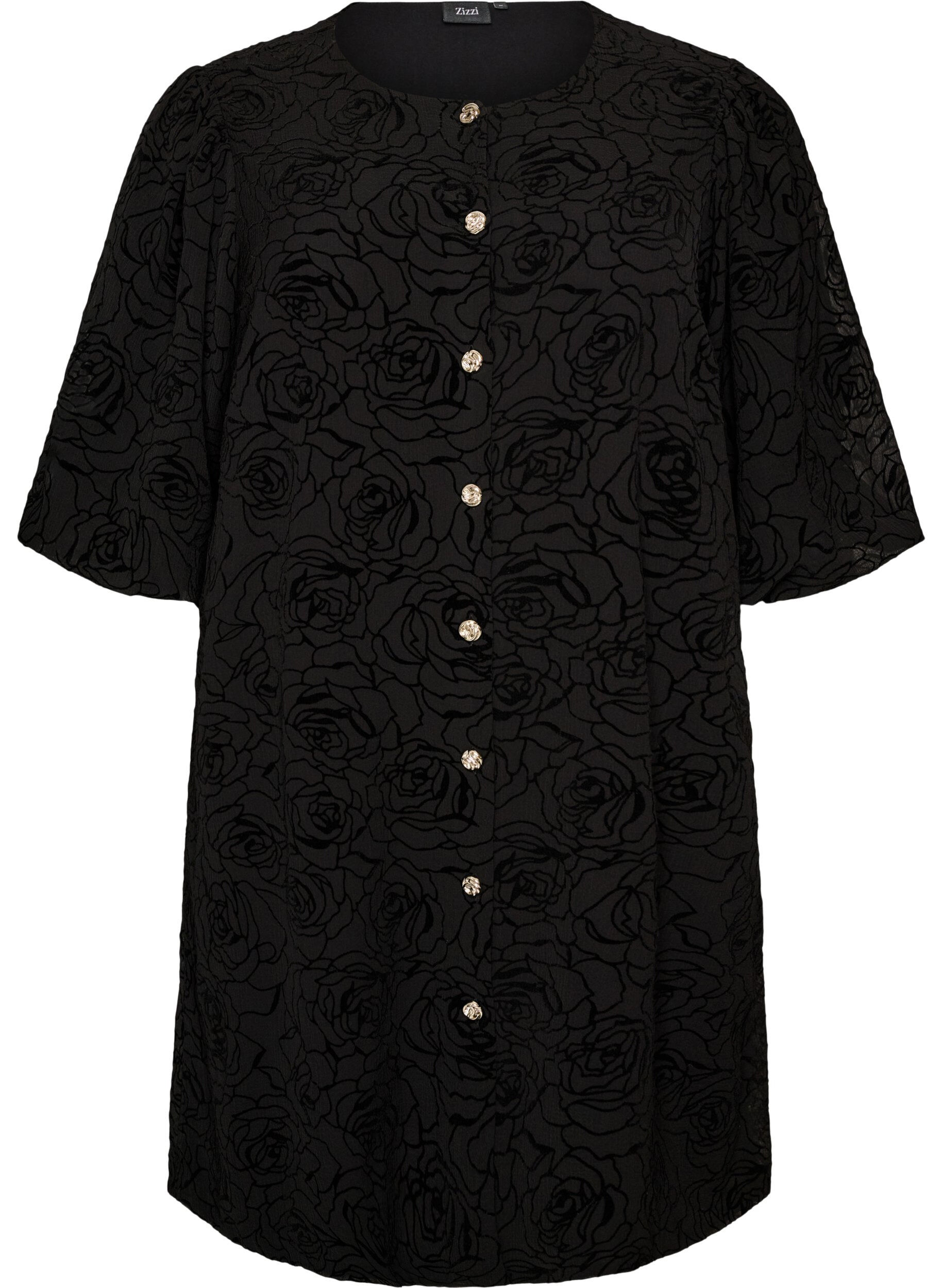 ZizzifashionShort dress with rose print and buttons, Black, Packshot image number 0