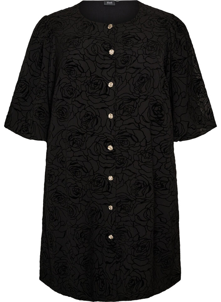 Short dress with rose print and buttons, Black, Packshot image number 0
