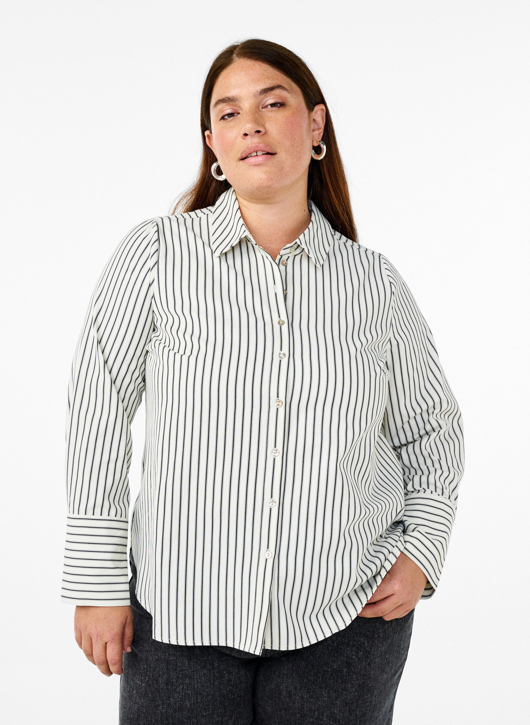 Striped shirt with wide cuffs, White, Model