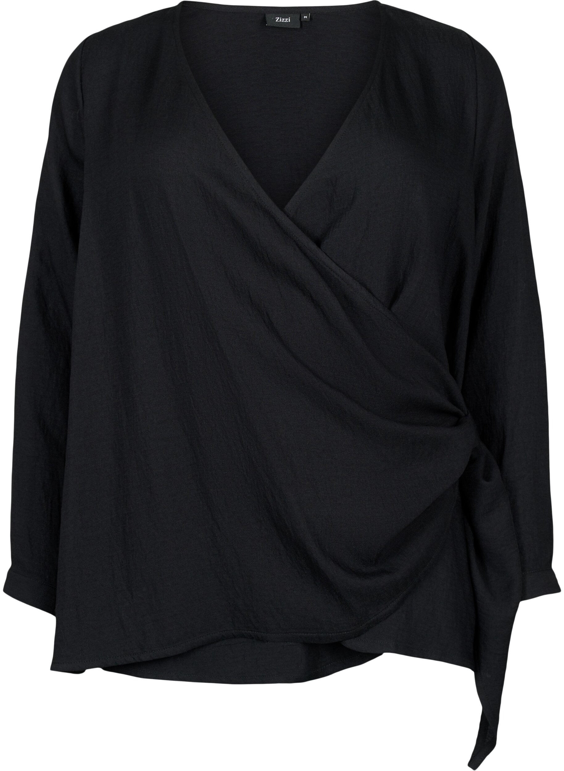 Zizzifashion Long-sleeved blouse in viscose with a wrap look, Black, Packshot image number 0