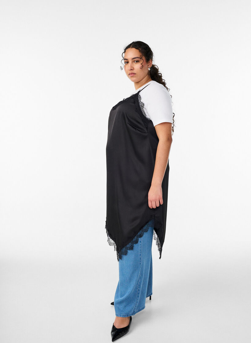 Satin-look dress with lace trim, Black, Model image number 2