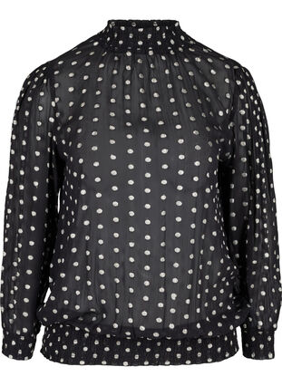 Polka dotted high neck viscose blouse with smocking, Black, Packshot image number 0