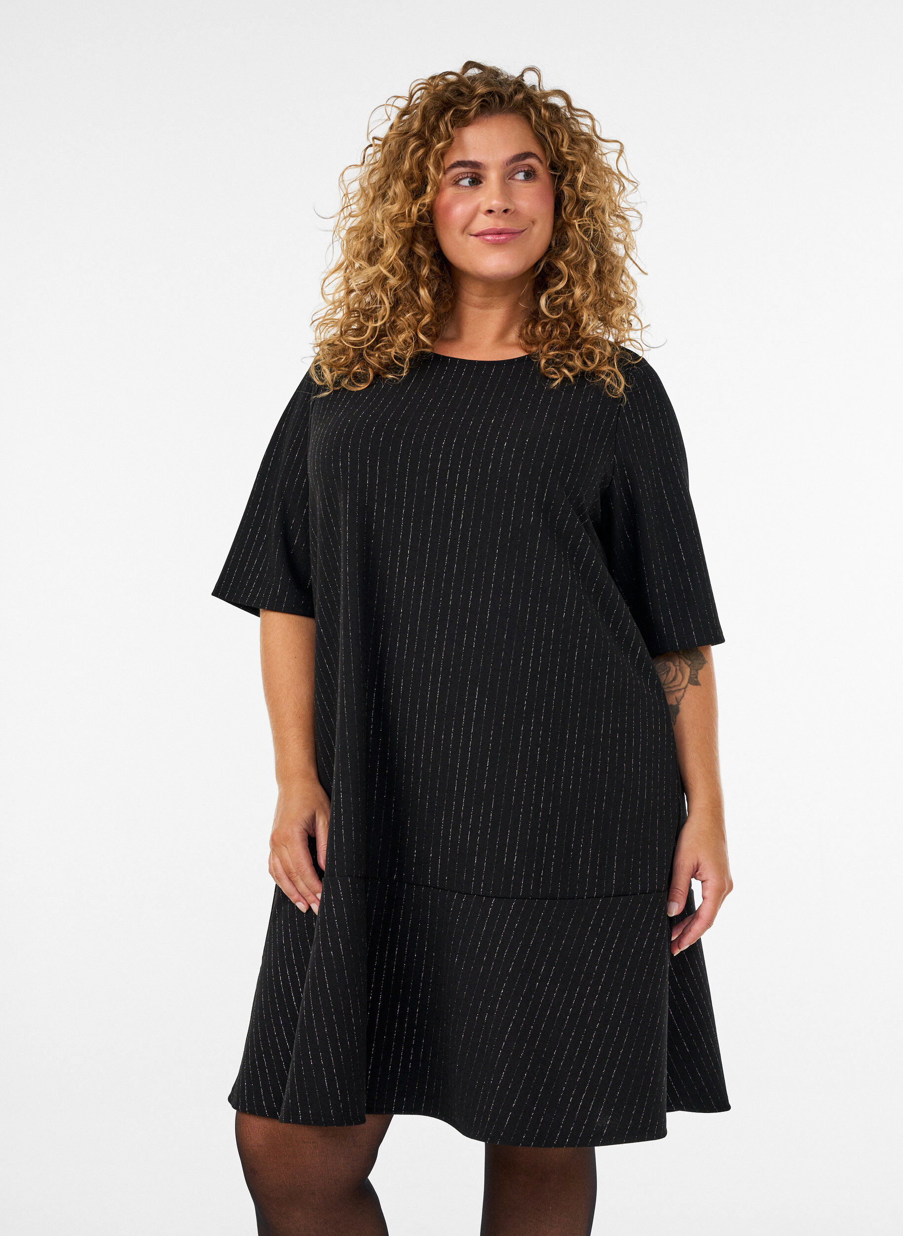 ZizzifashionShort A-line dress with glitter stripes, Black, Model image number 0