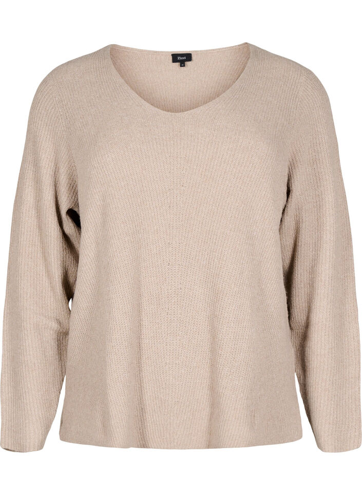 Knitted blouse with v-neck and long sleeves, Simply T. White Mel., Packshot image number 0