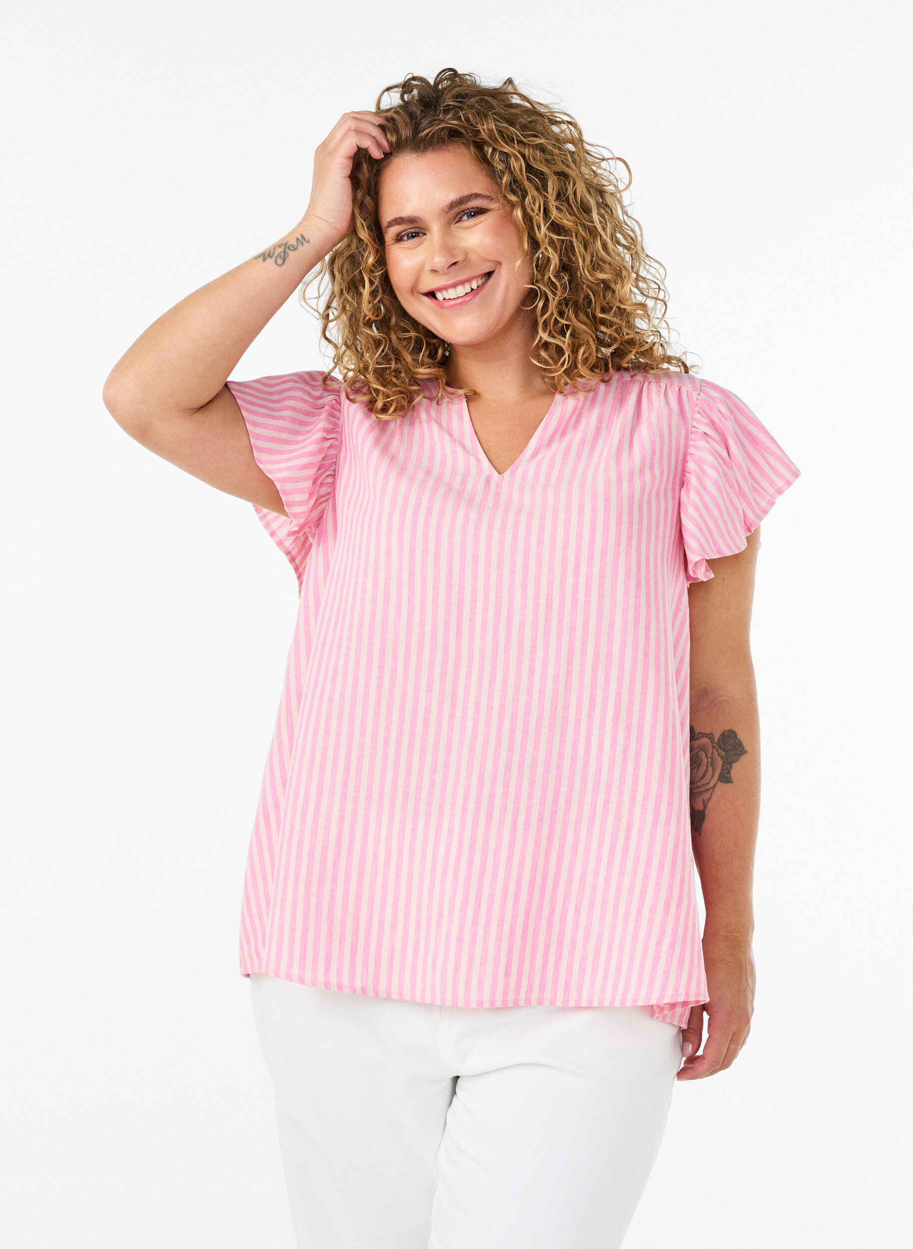 Zizzifashion Viscose and linen blouse with ruffle sleeves, Pink, Model image number 0