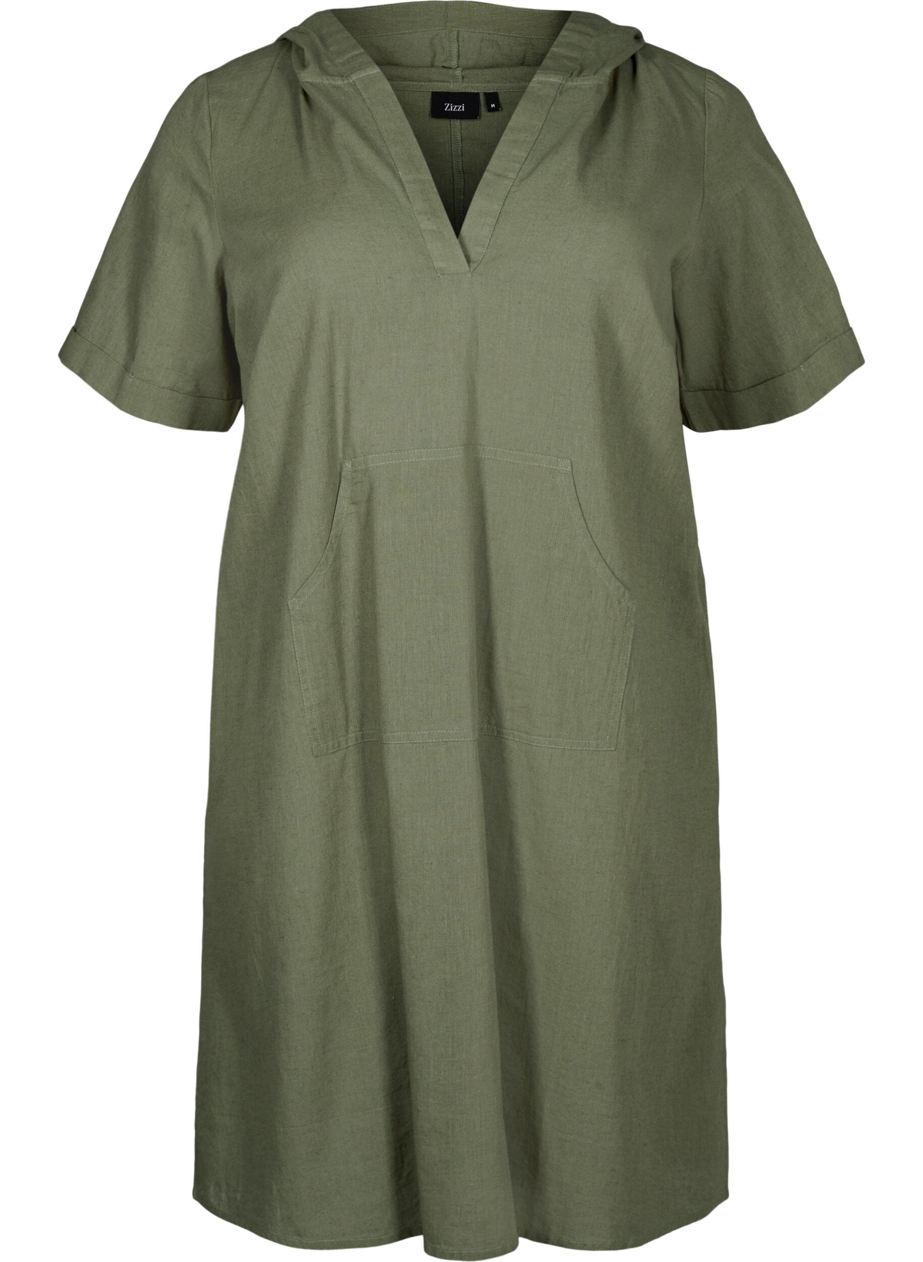 Zizzifashion Cotton blend hooded dress with linen, Deep Lichen Green, Packshot image number 0