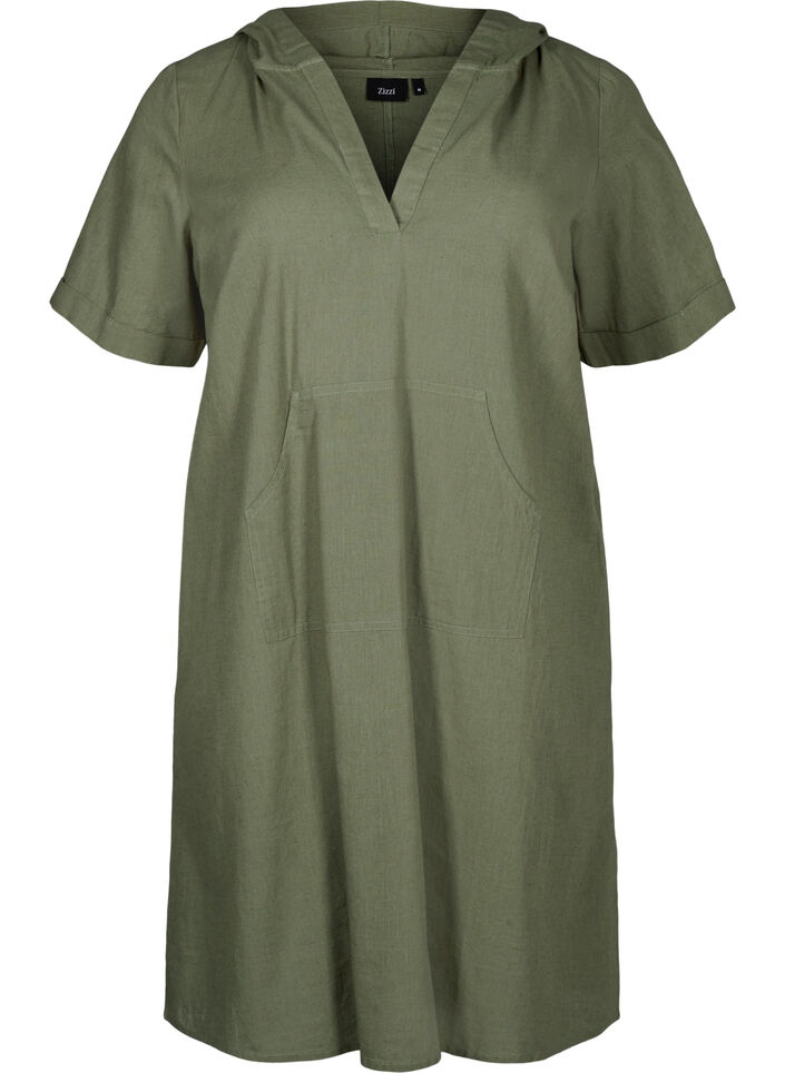 Cotton blend hooded dress with linen, Deep Lichen Green, Packshot image number 0