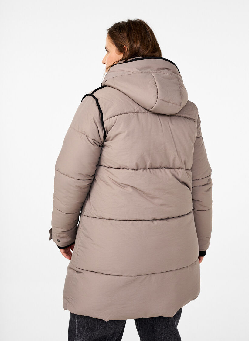 Puffer jacket with hood and contrast detailing, Beige, Model image number 2