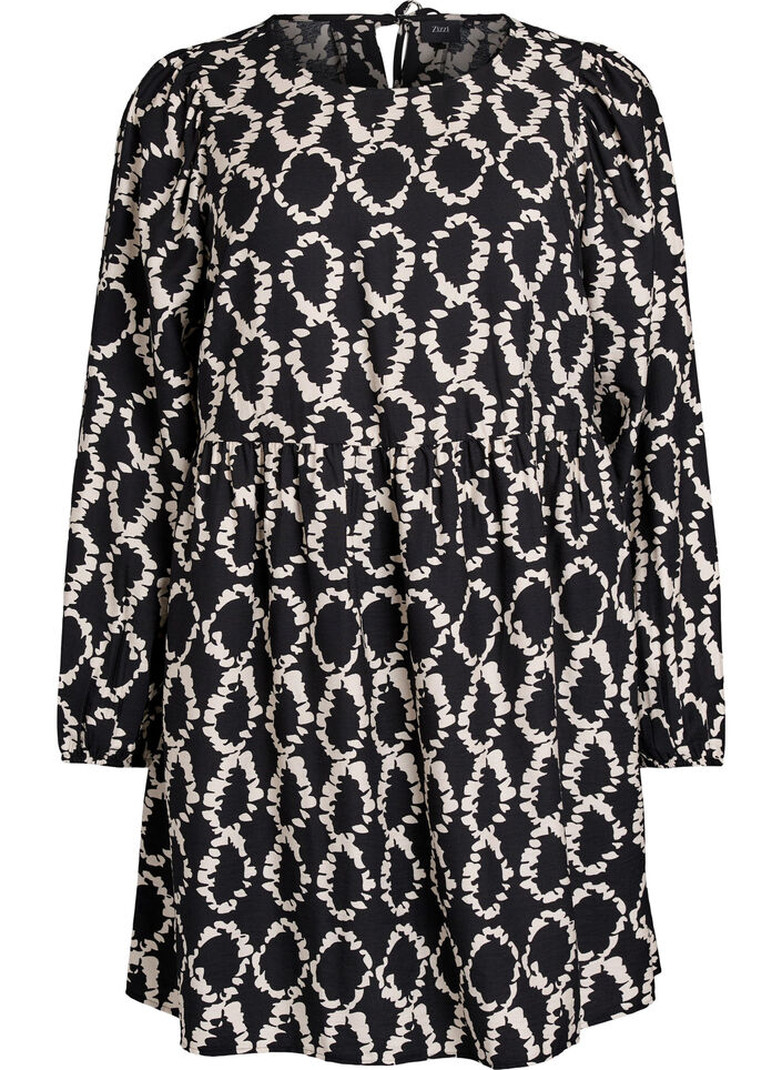 Long-sleeved dress with print and bows, Black, Packshot image number 0