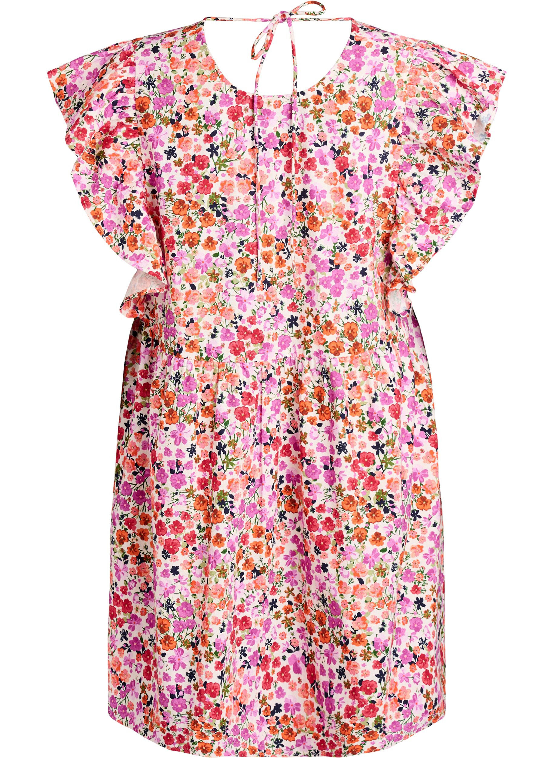 Zizzifashion Floral cotton dress with ruffles and V-neck, Pink, Packshot image number 1