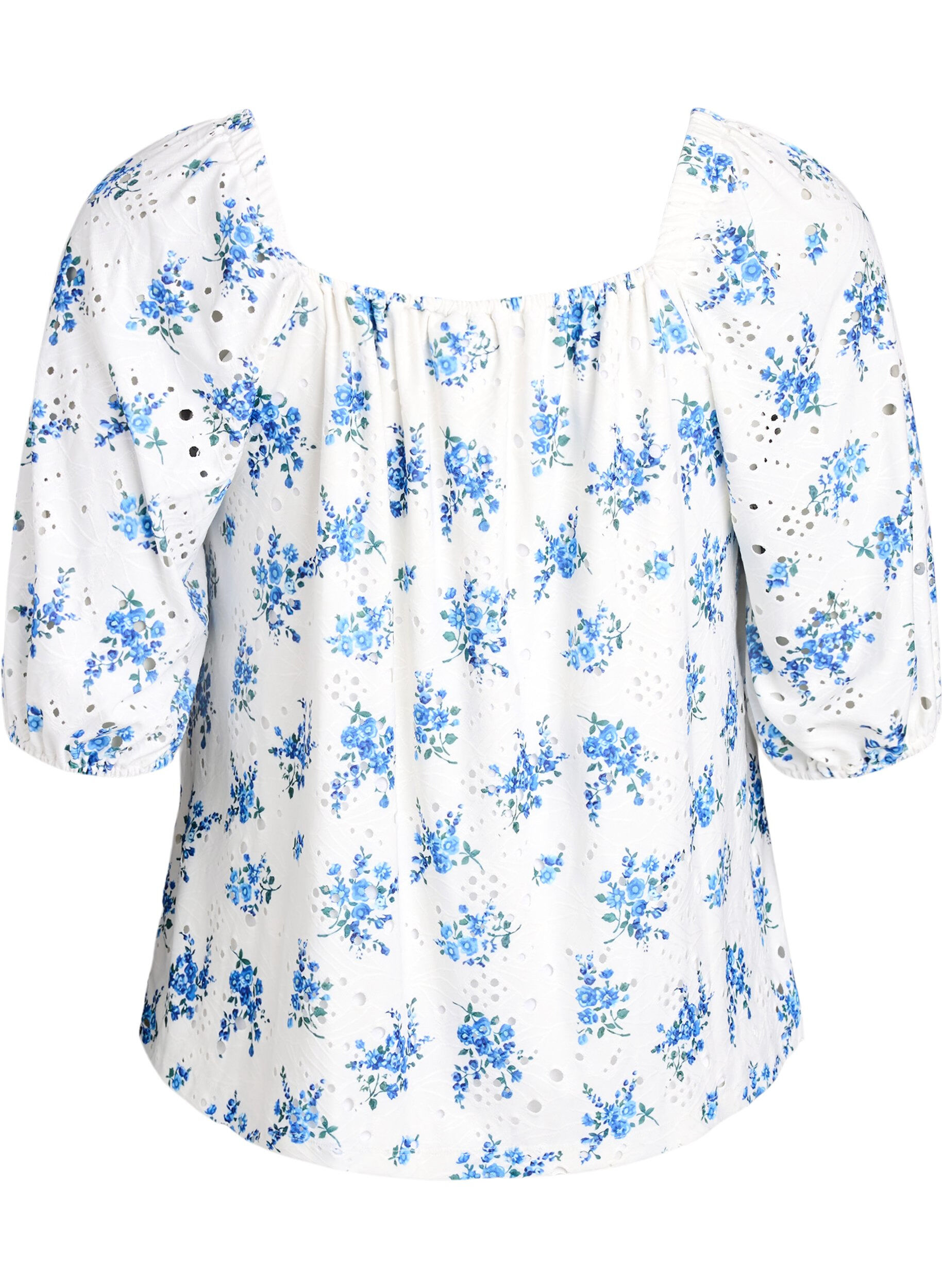 Zizzifashion Floral blouse with a square neckline and eyelet embroidery, White, Packshot image number 1
