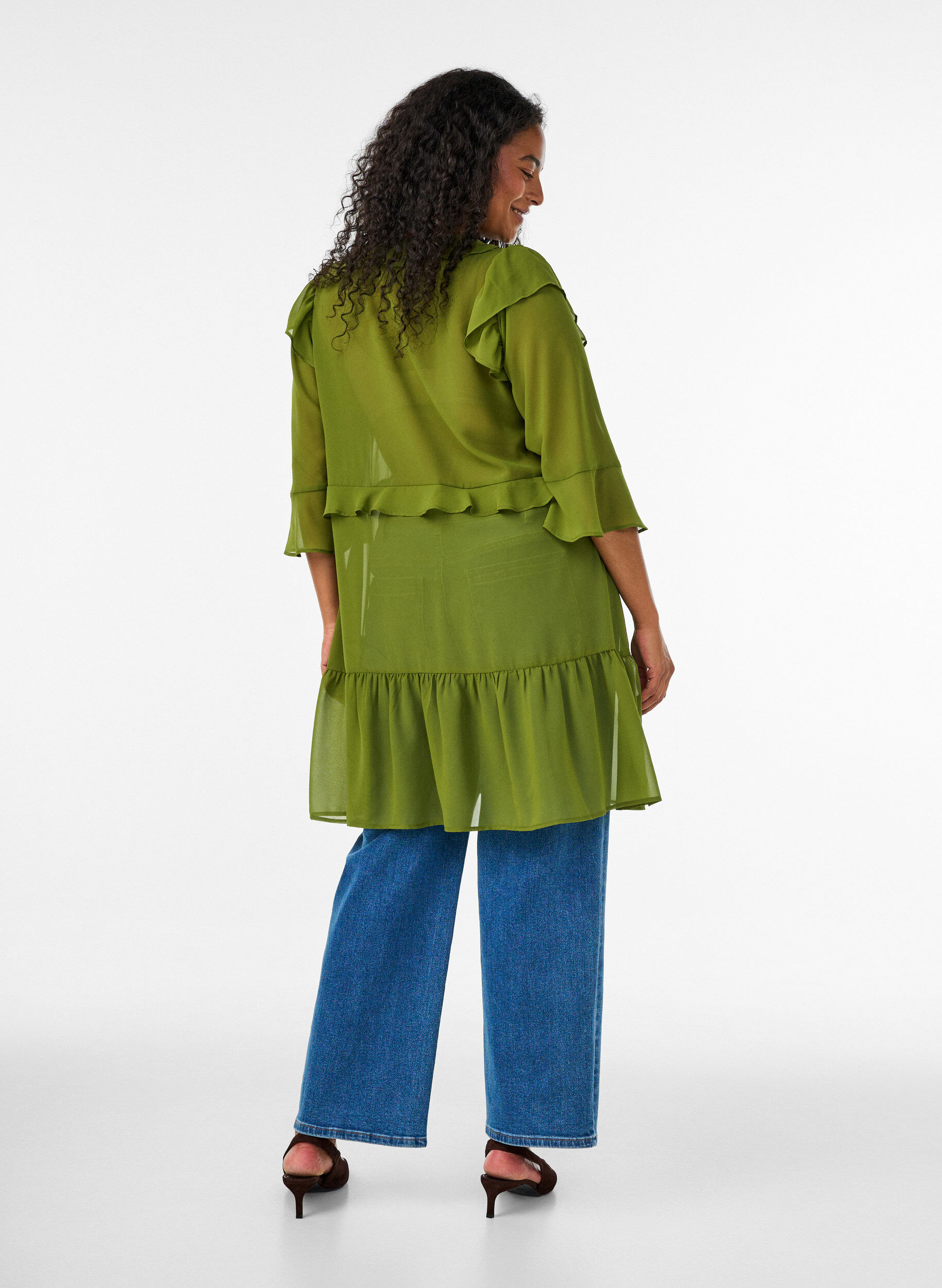 ZizzifashionLightweight dress with ruffles and a V-neck, Green, Model image number 2