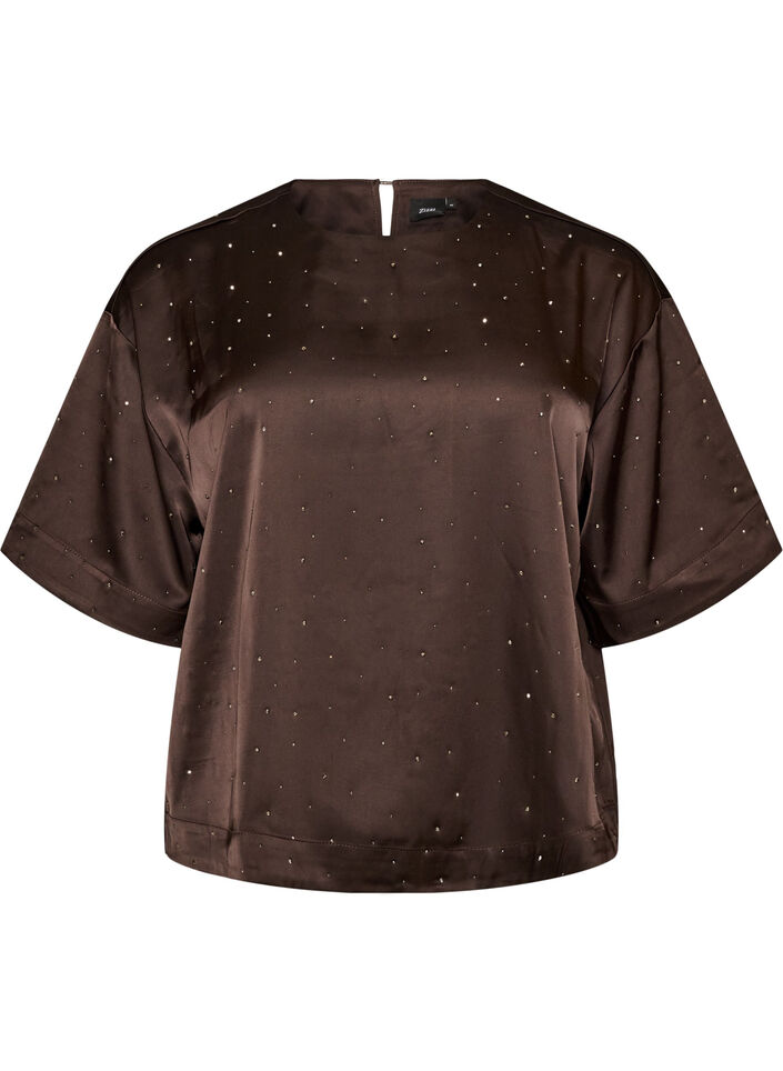 Satin blouse with rhinestones and elbow-length sleeves, Brown, Packshot image number 0