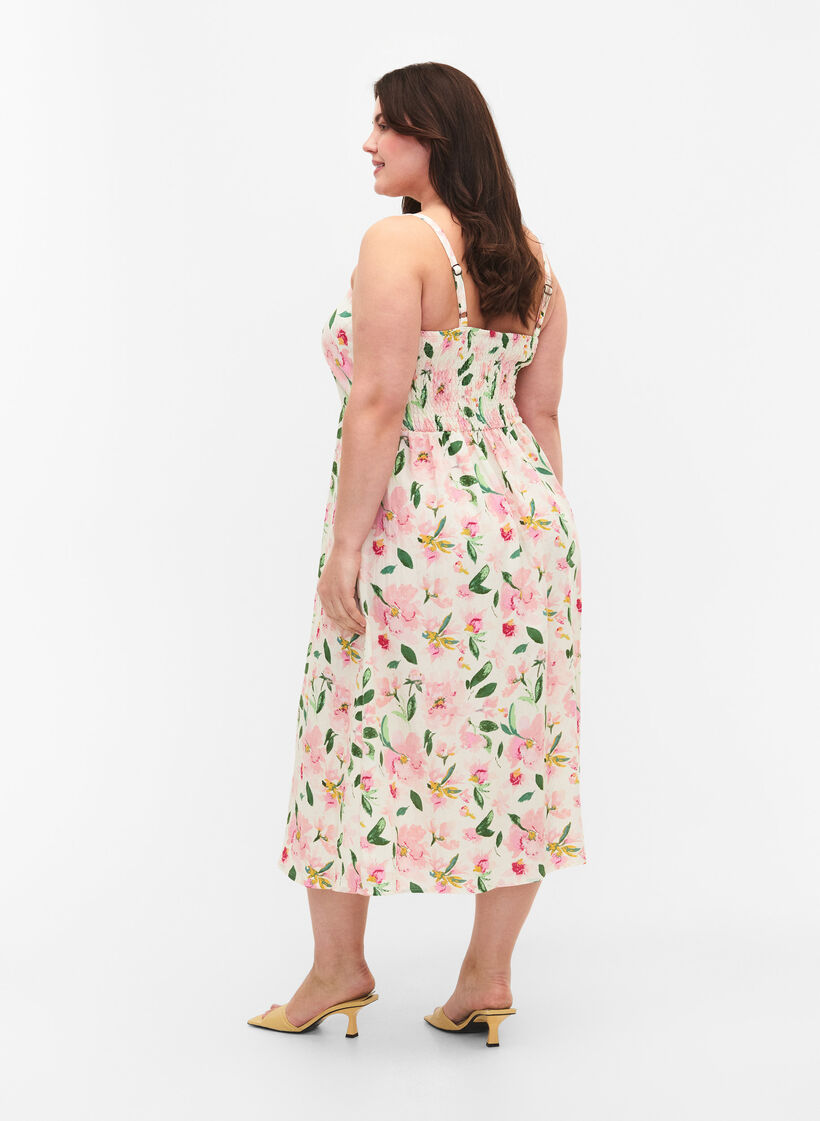 Floral viscose strap dress with smocking, Off White Flower, Model image number 1