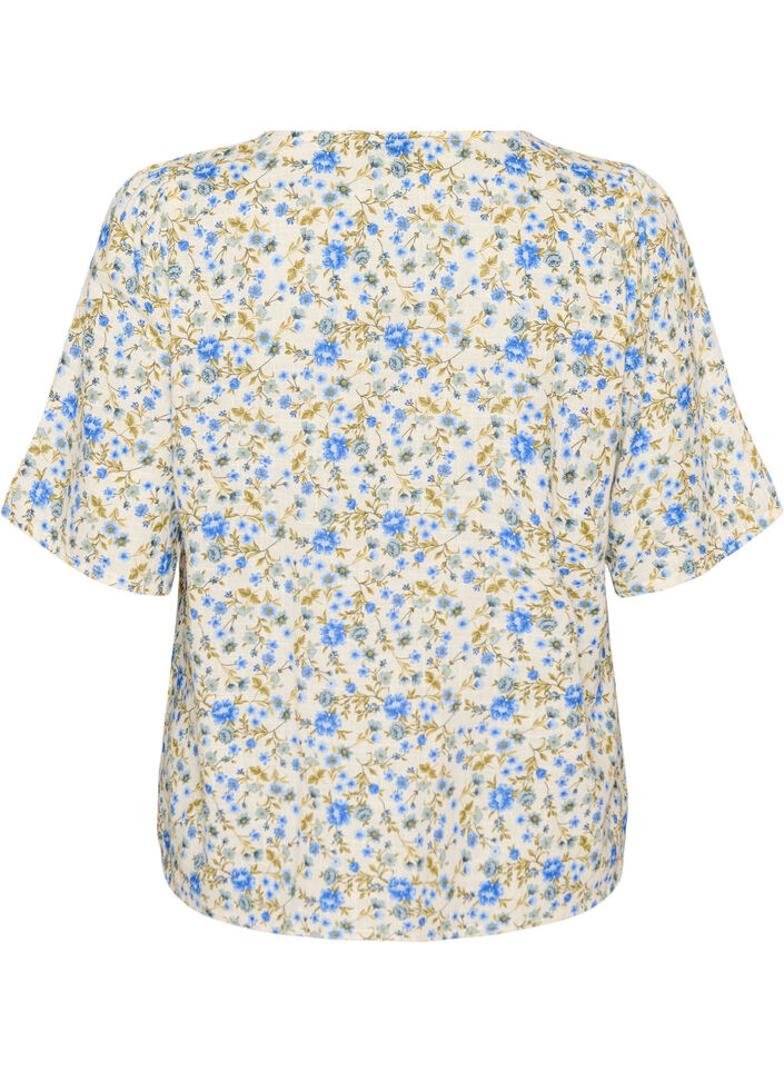 Short-sleeved cotton shirt with a V-neck, Blue, Packshot image number 1