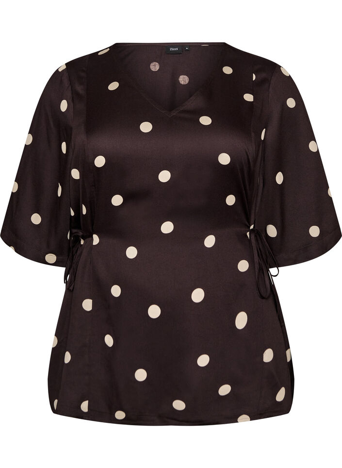 Polka dot viscose blouse with V-neck and tie-fastening, Brown, Packshot image number 0