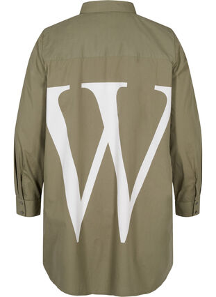 Long cotton shirt with back print, Dusty Olive, Packshot image number 1