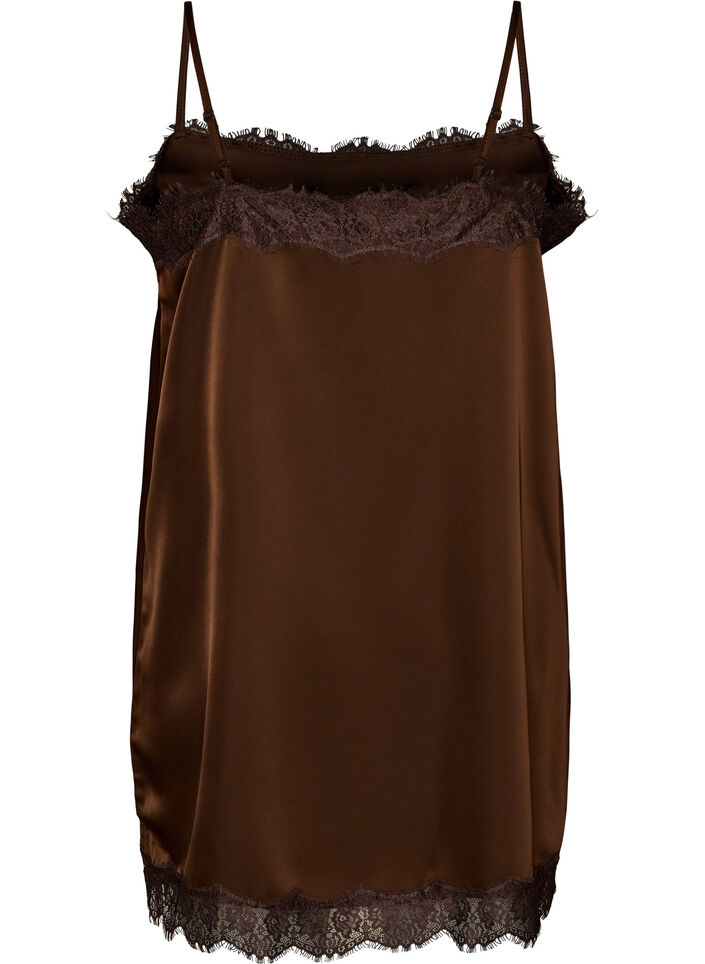 Long satin top with lace edges, Brown, Packshot image number 1