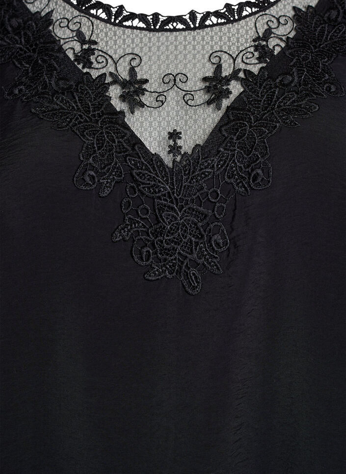 Blouse with 3/4 sleeves and lace details, Black, Packshot image number 2