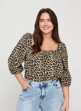 Cotton blouse with leopard print, Oyster Grey AOP, Model image number 0