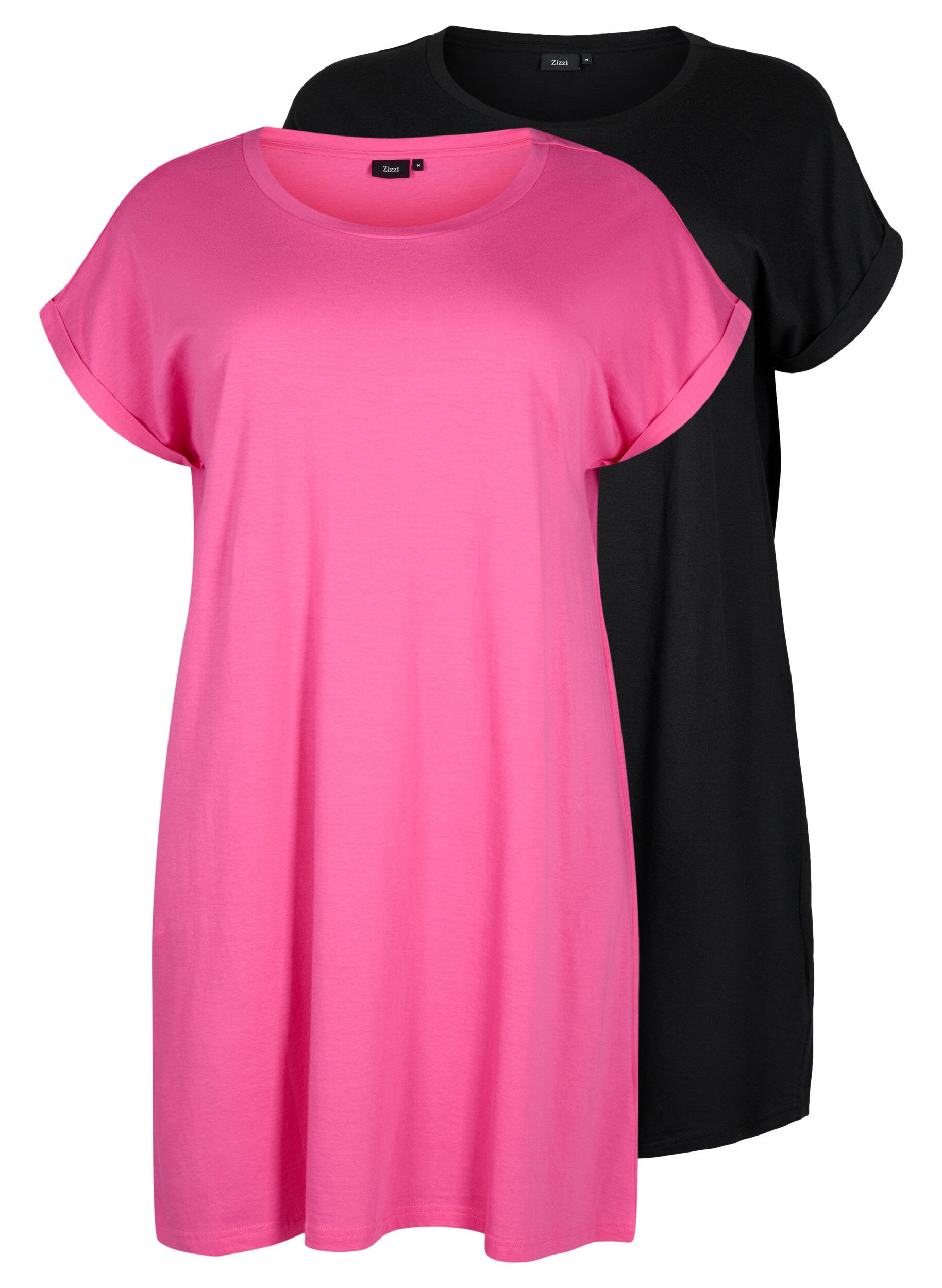 Zizzifashion 2-pack cotton dress with short sleeves, Shocking Pink/Black, Packshot image number 0