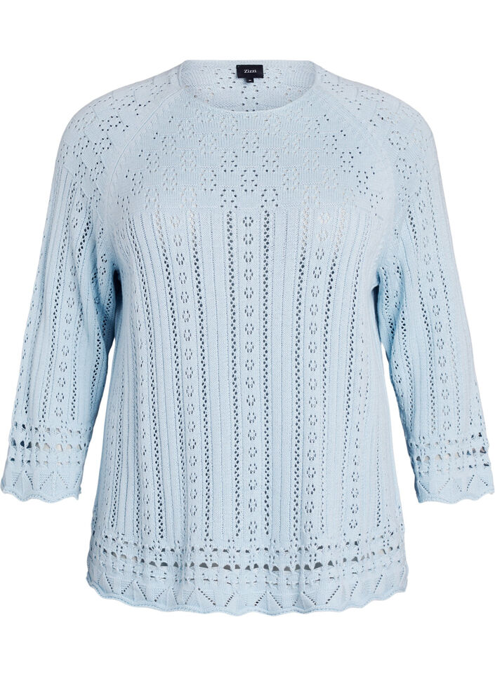 Knitted top with eyelet embroidery and 3/4 sleeves, Light Blue, Packshot image number 0