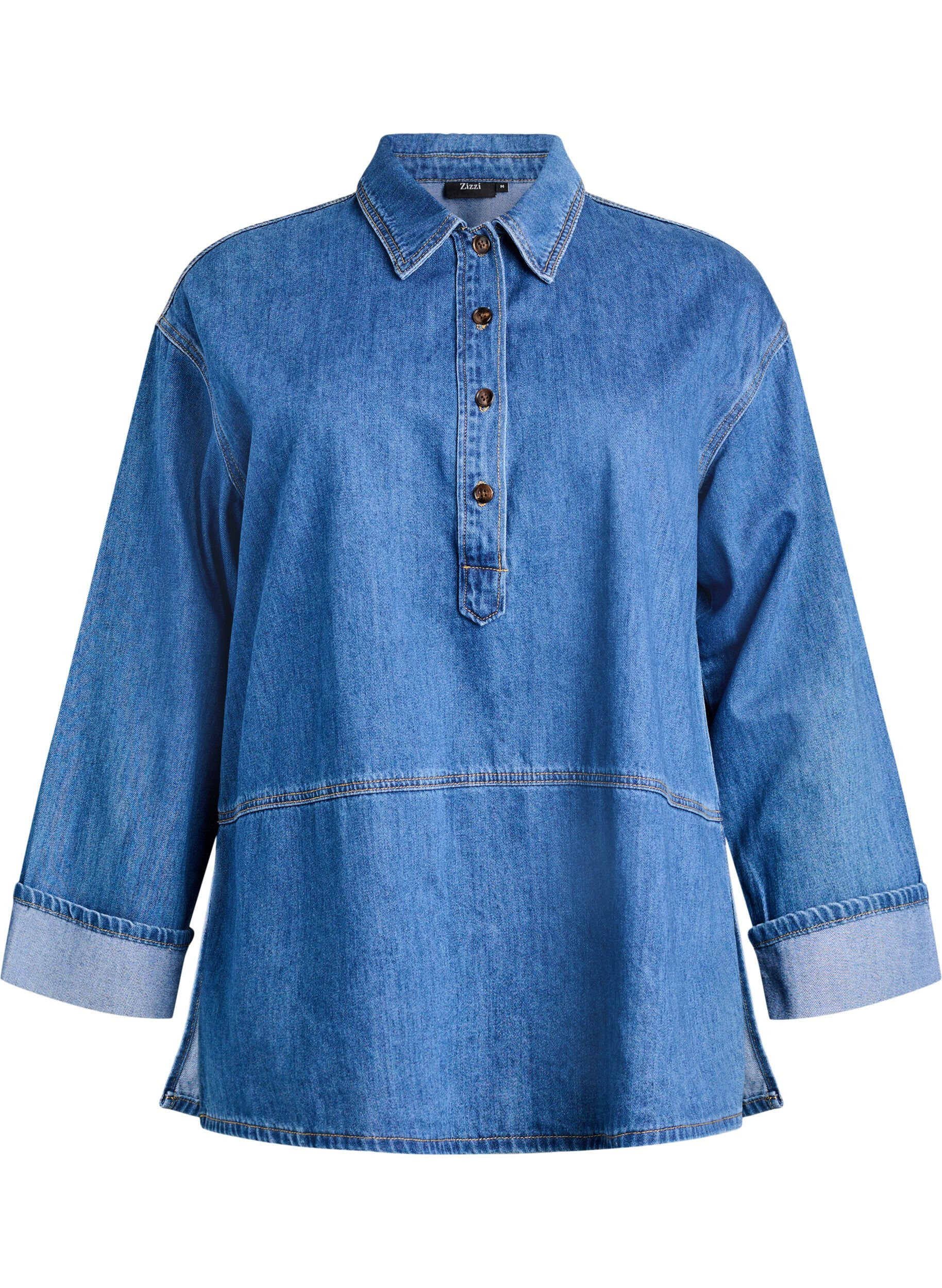 Zizzifashion Loose denim blouse with collar and button placket, Blue, Packshot image number 0