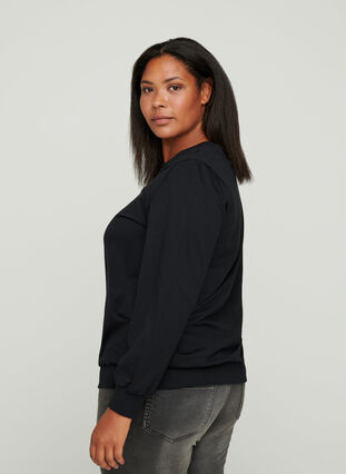 Cotton sweatshirt with a print on the chest, Black w. Black, Model image number 1