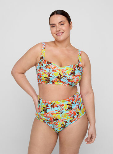 Printed bikini bottoms with extra high waist, Bright Flower, Model image number 0