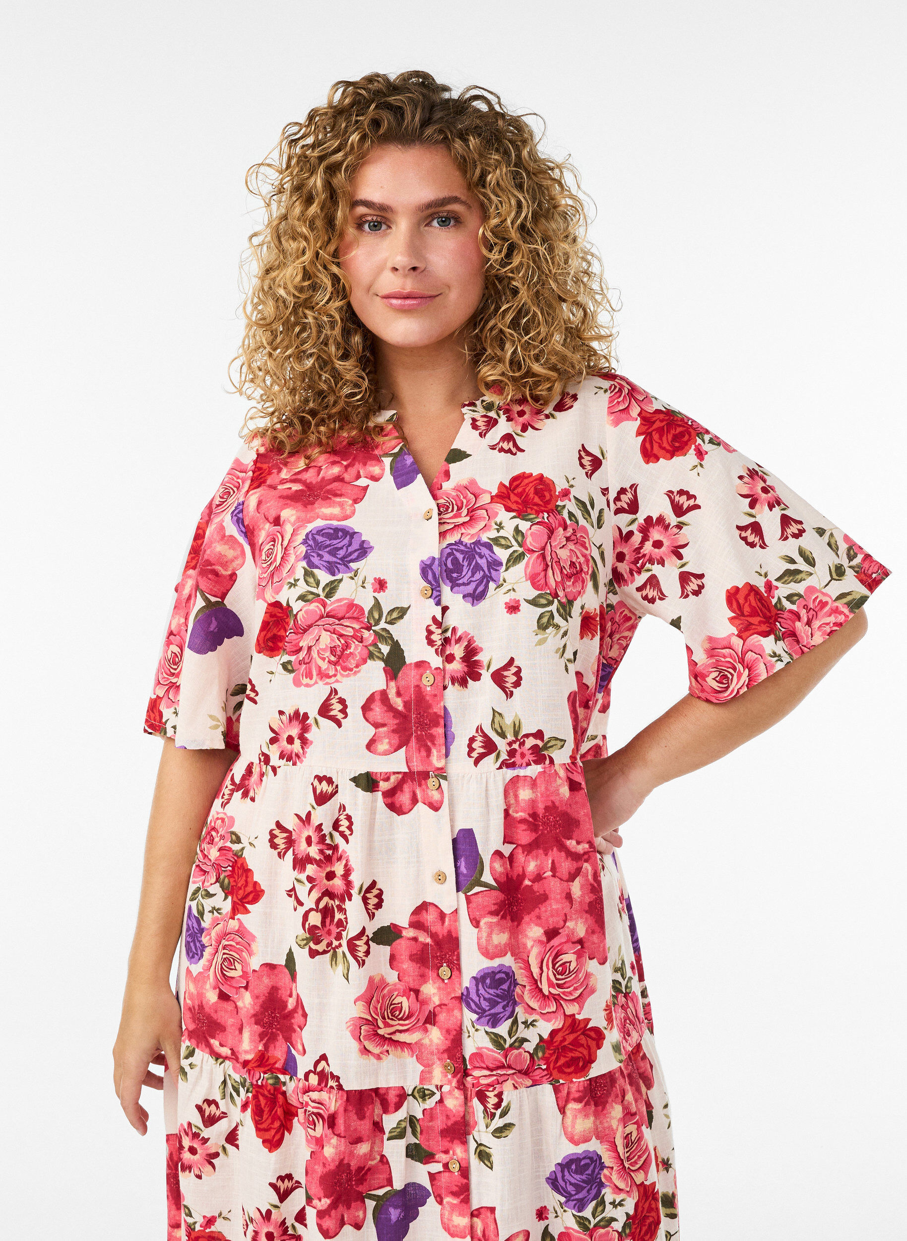 Zizzifashion Cotton midi dress with floral print, Red, Model image number 2