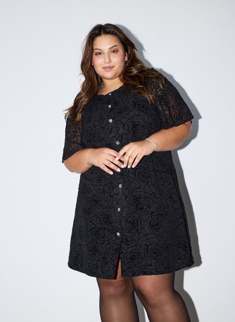 Short dress with rose print and buttons, Black, Model image number 0