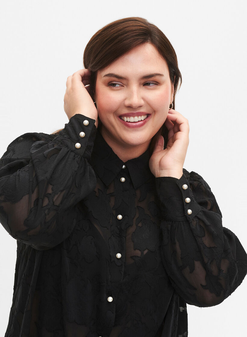 Jacquard shirt with pearl buttons, Black, Model image number 2