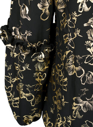 Long-sleeved blouse with frills and foil print, Black Foil AOP, Packshot image number 3