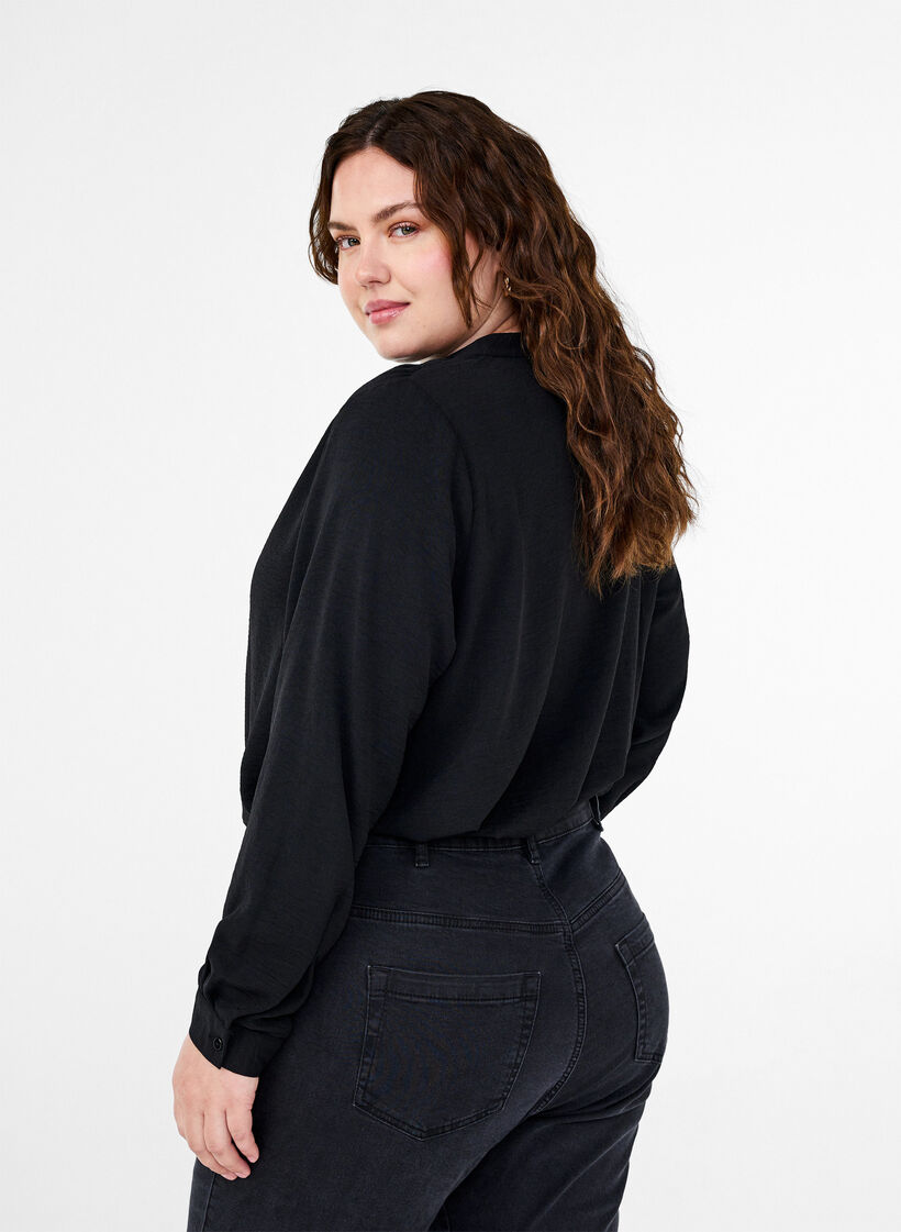 Long-sleeved shirt blouse with V-neck, Black, Model image number 1