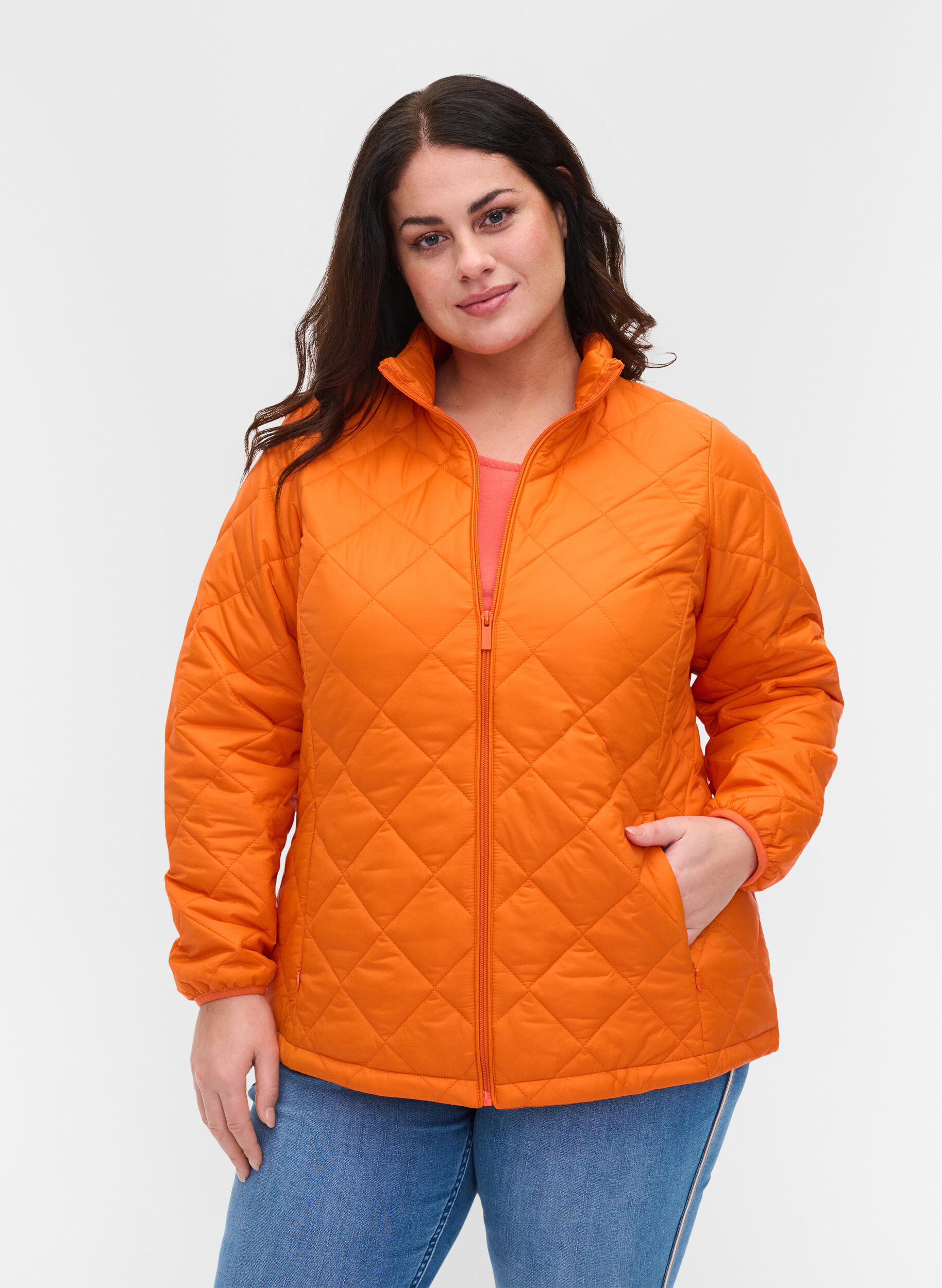 Zizzifashion Lightweight quilted jacket with zip and pockets, Mandarin Orange, Model image number 0