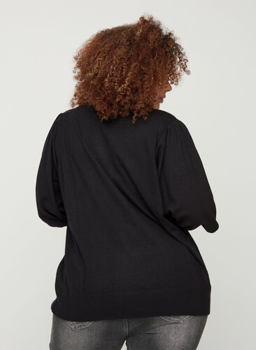 Knitted top with round neck and balloon sleeves , Black, Model image number 1