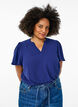 Blouse with short ruffle sleeves and V-neck, Blue, Model image number 0