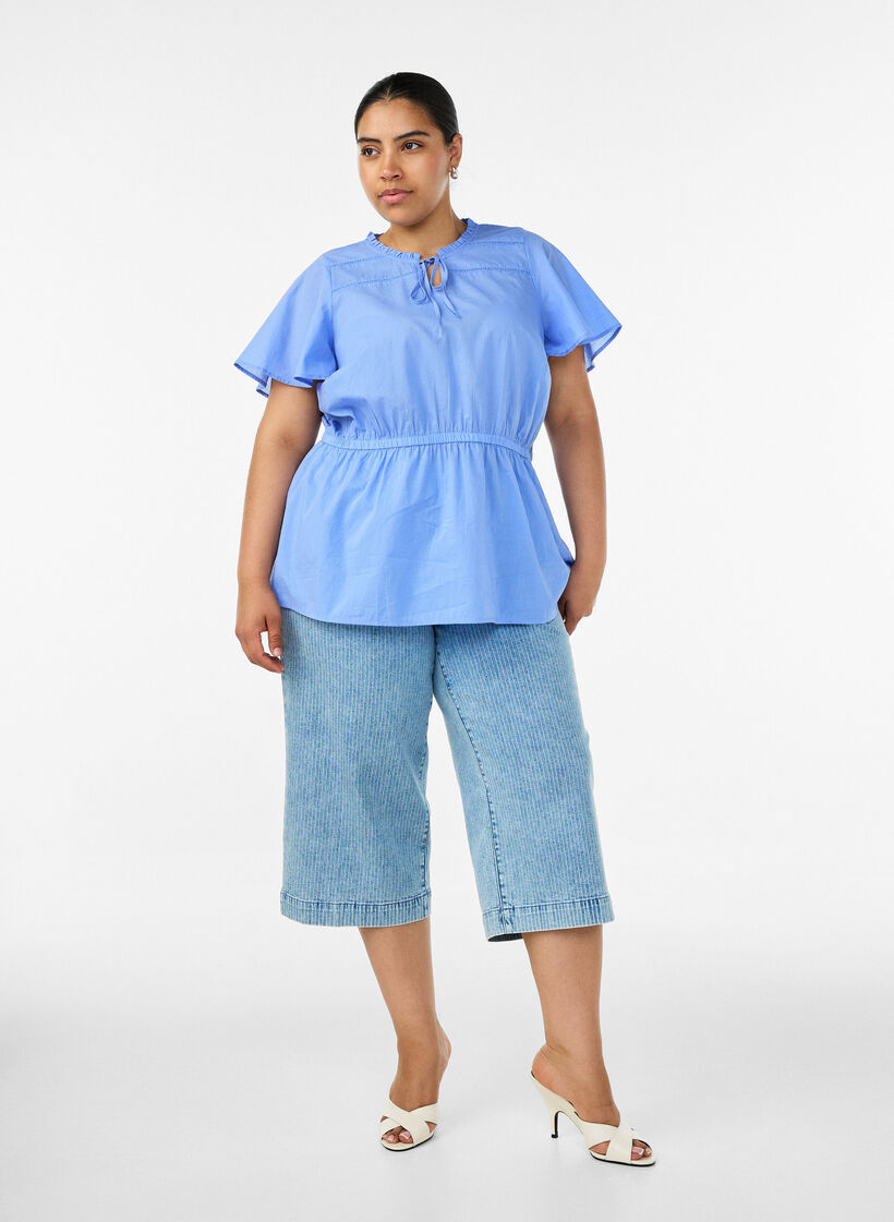 Cotton blouse with tie-string and elastic waist, Blue, Model image number 1