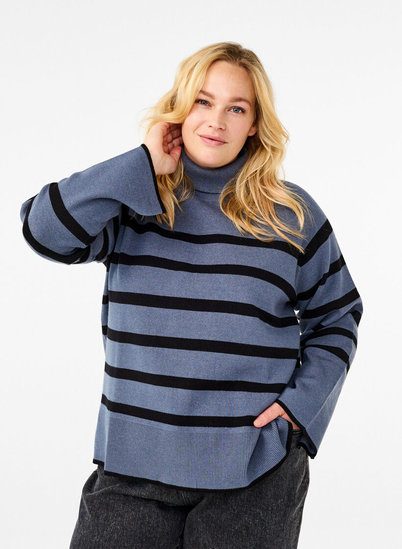 Striped knitted jumper with a roll neck, B.Sea w.BlackStripes, Model image number 0