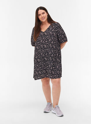 Viscose tunic with print and short sleeves, Black Flower AOP, Model image number 2