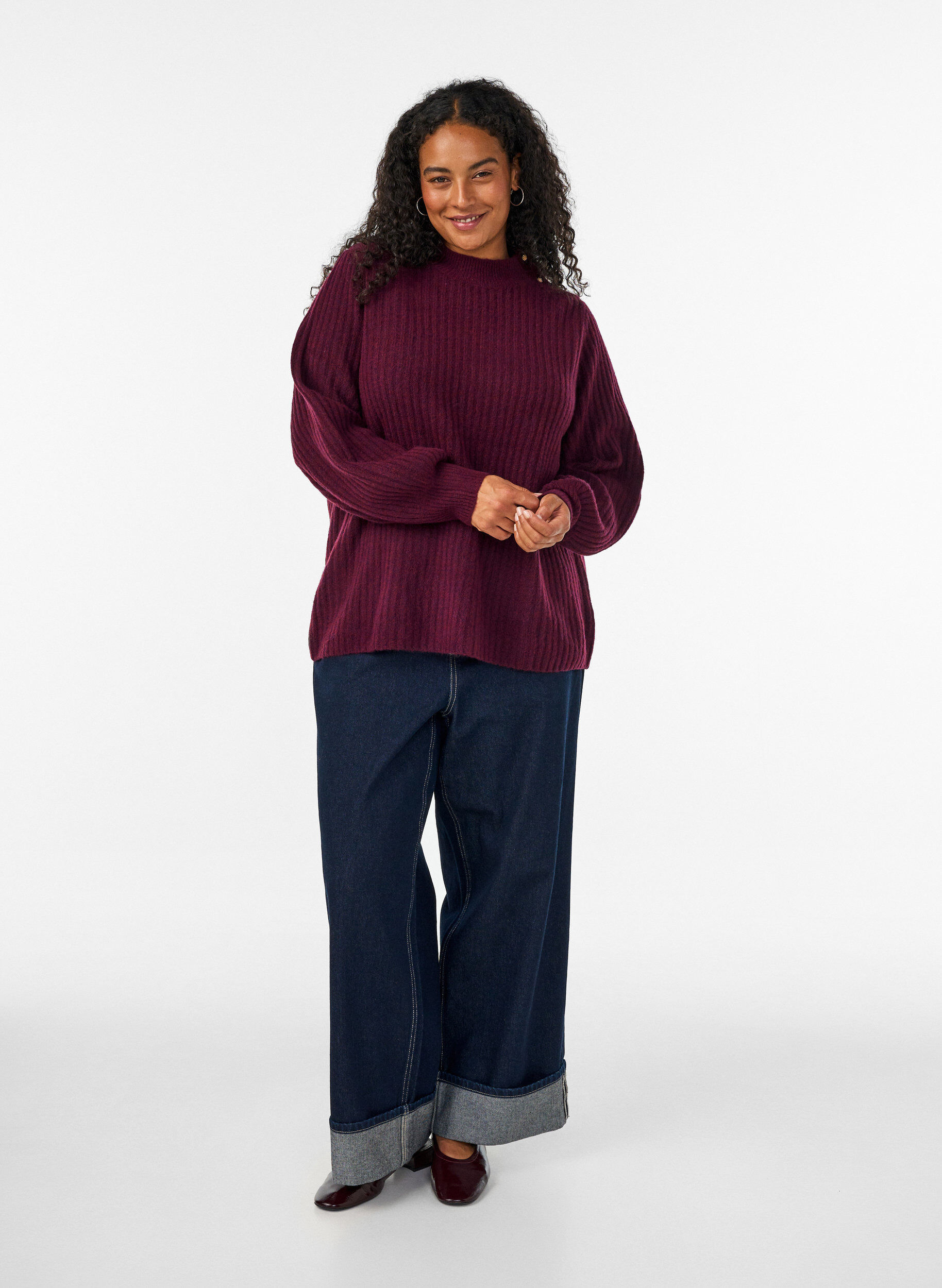ZizzifashionRibbed jumper with puff sleeves and buttons, Dark Bordeaux, Model image number 1