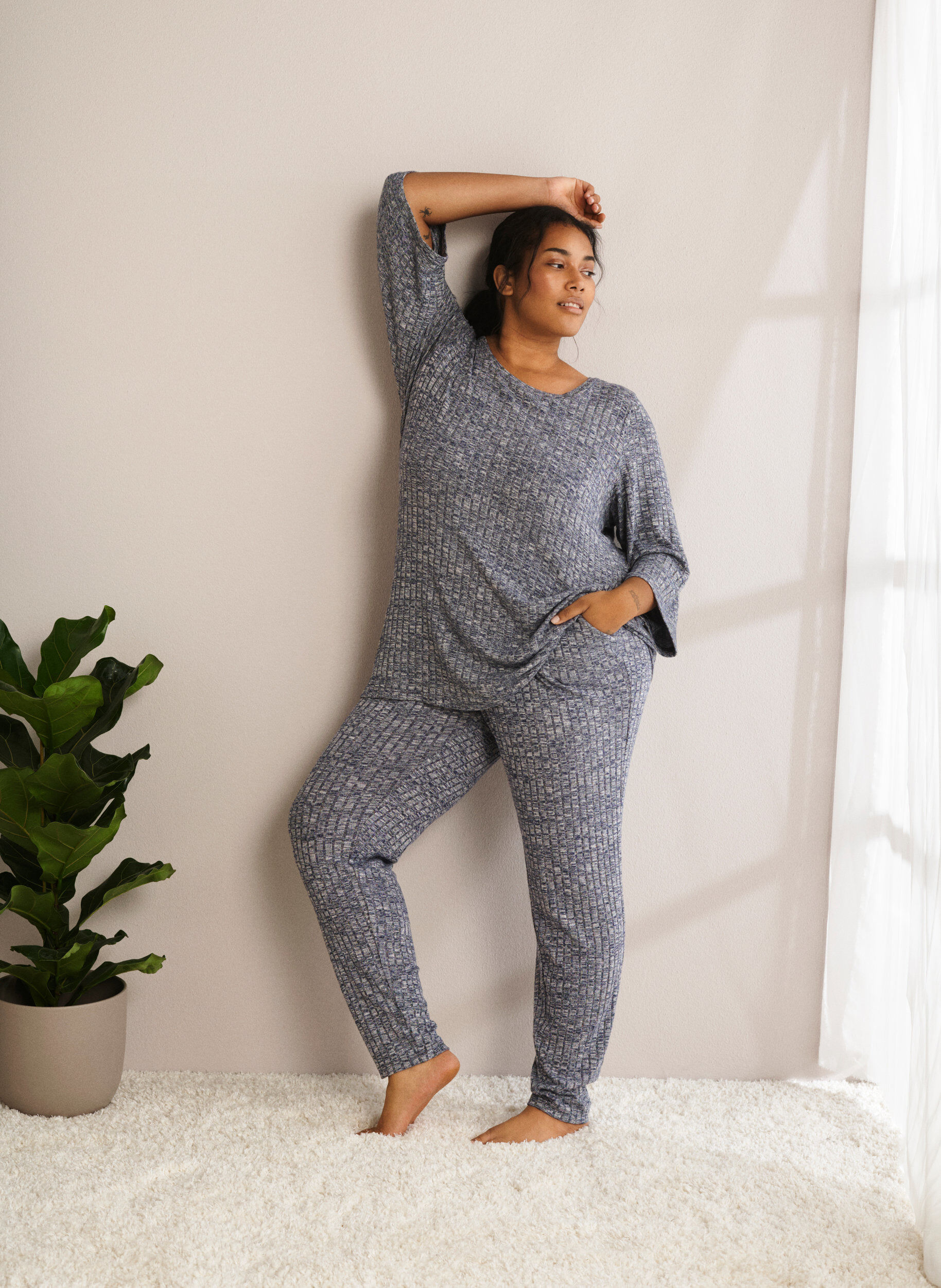 Zizzifashion Melange blouse with round neck and 3/4 sleeves, Dress Blues Mel., Image image number 0