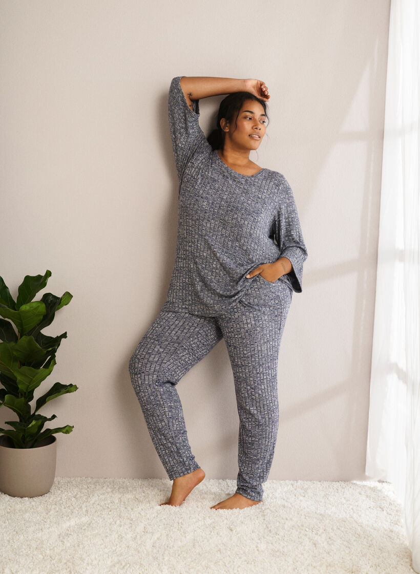 Melange blouse with round neck and 3/4 sleeves, Dress Blues Mel., Image image number 0