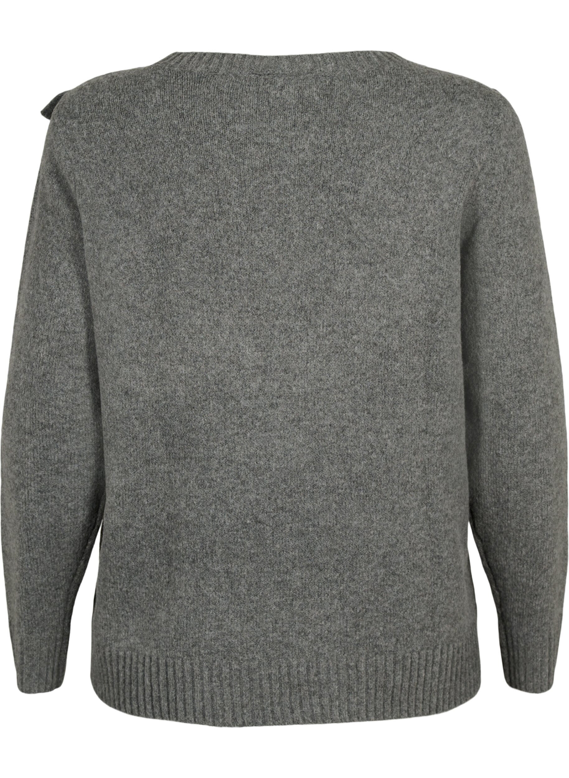 Zizzifashion Knitted wool sweater with ruffle detail, Dark Grey Melange, Packshot image number 1