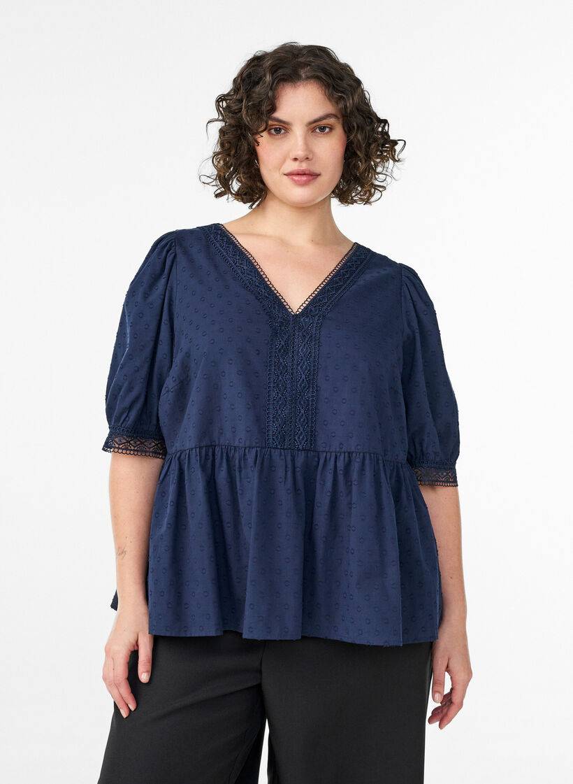 Blouse in textured cotton with crochet details, Blue, Model image number 0