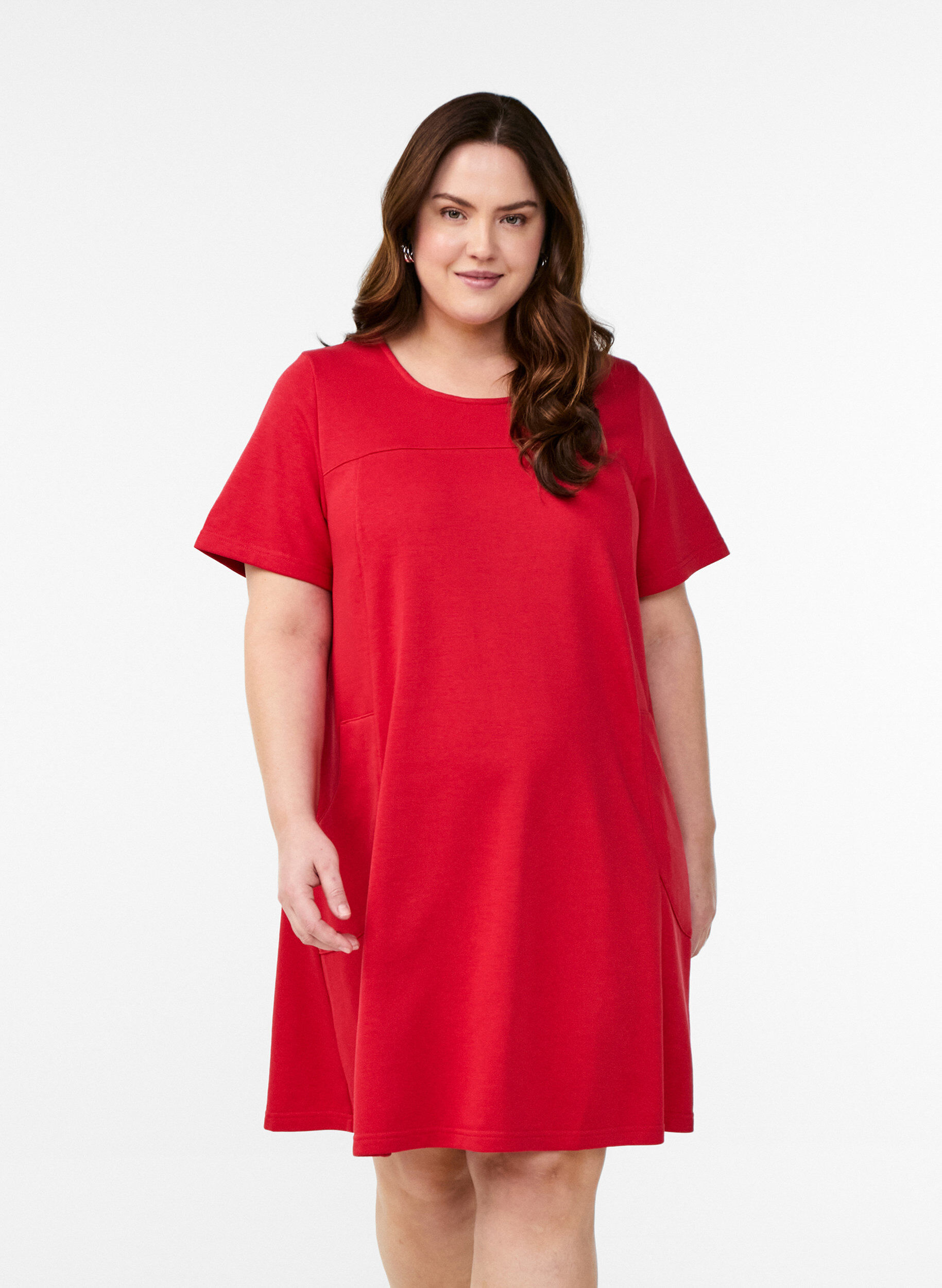 Zizzifashion Jersey dress with short sleeves and pockets, Red, Model image number 0