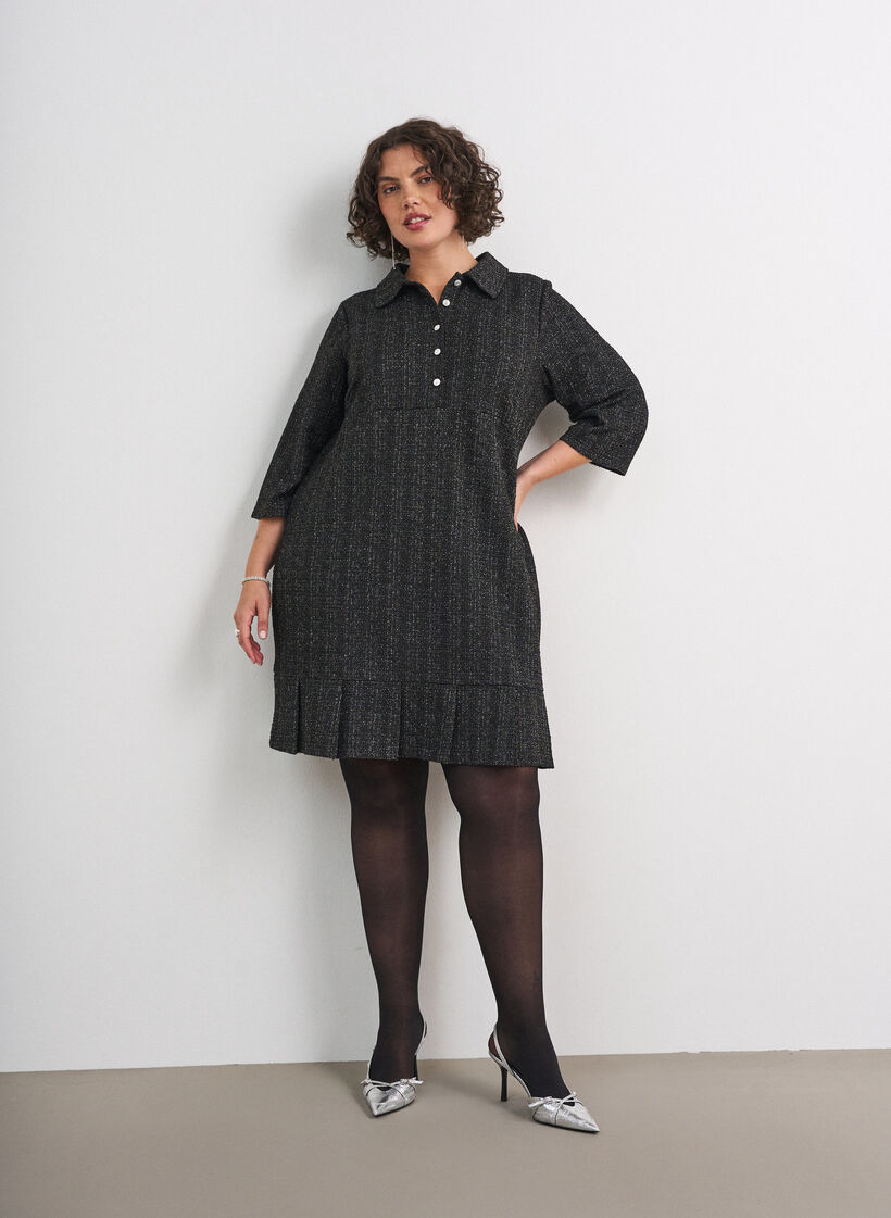 Short boucl&eacute; dress with decorative buttons, Black, Model image number 1