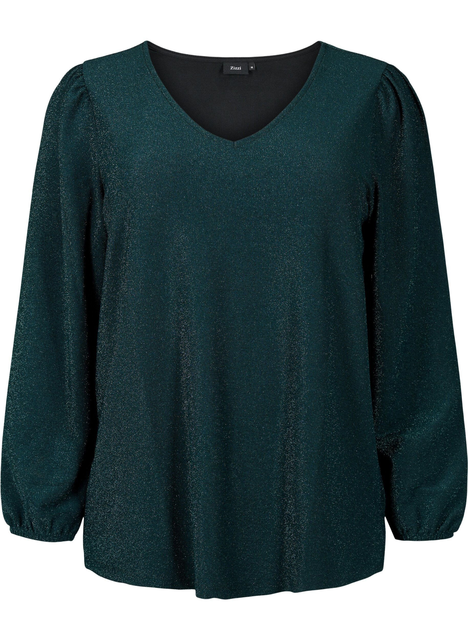 Zizzifashion Glitter blouse with puff sleeves, Black Scarab, Packshot image number 0