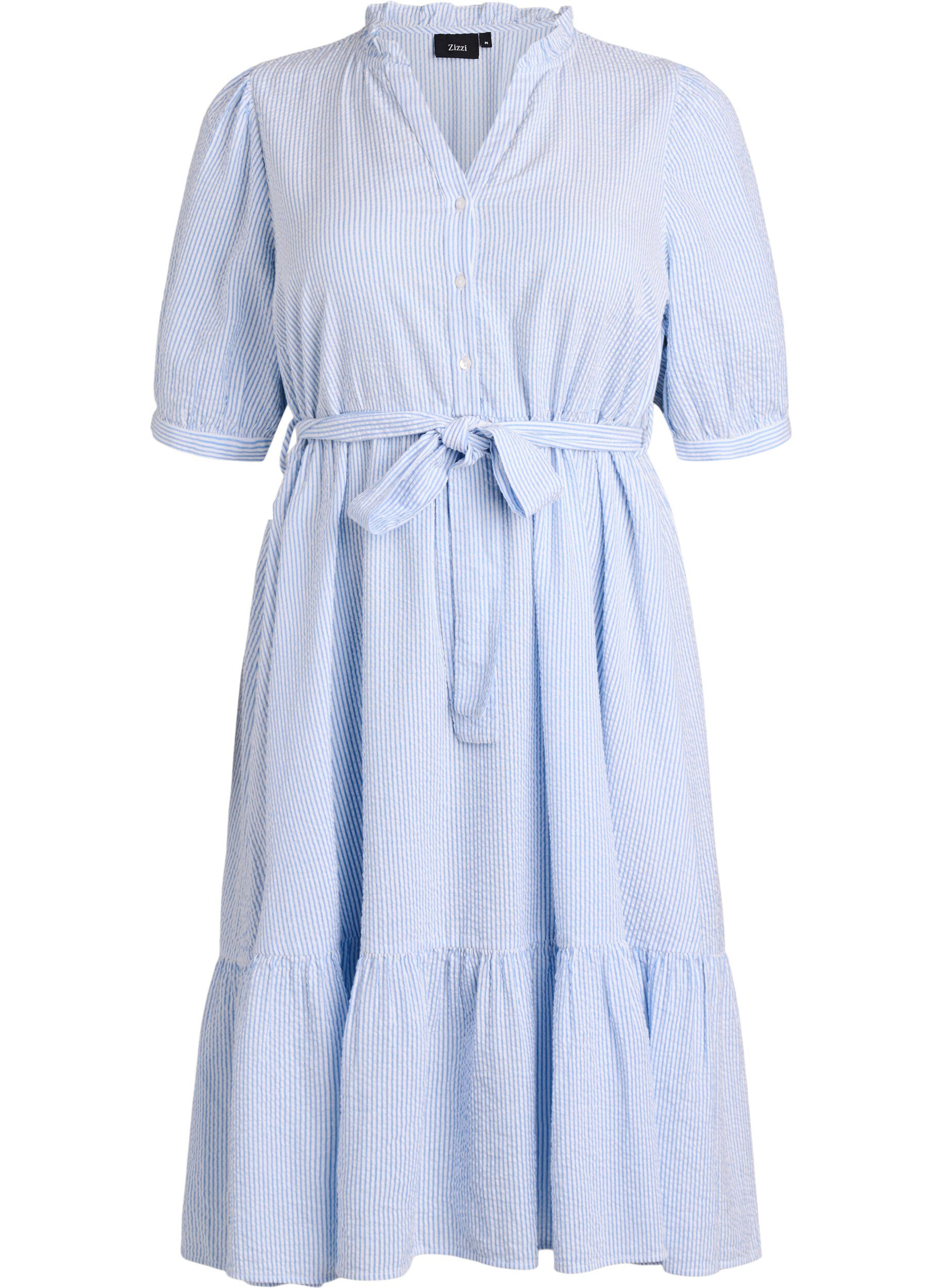 Zizzifashion Striped midi dress in cotton with a tie-belt, White, Packshot image number 0